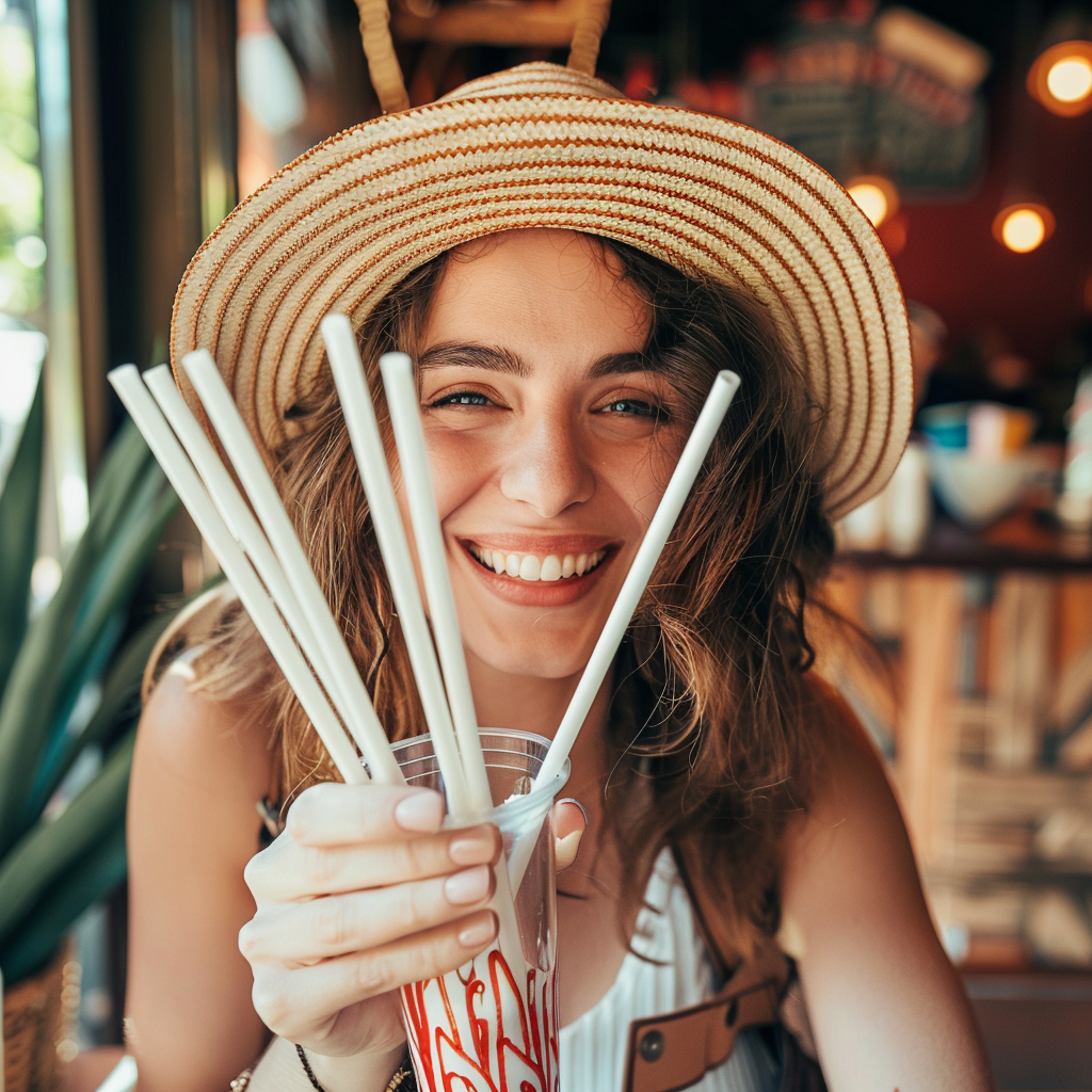 Girl holding up a cup of paper straws