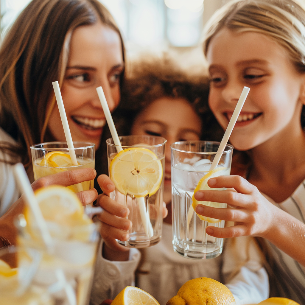 Mom and girls holding lemon water with their paper straws smiling